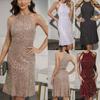 Sleeveless Tassel Shoulder Waist Tight Hip Wrap Gown Dress Women Sequin Decor Mid Halter Pencil Dress for Cocktail Party