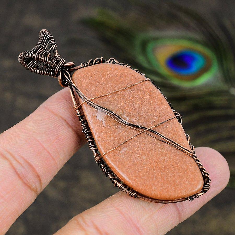 Red Sunstone Gemstone Copper Wire Wrap Jewelry Pendant 2.96