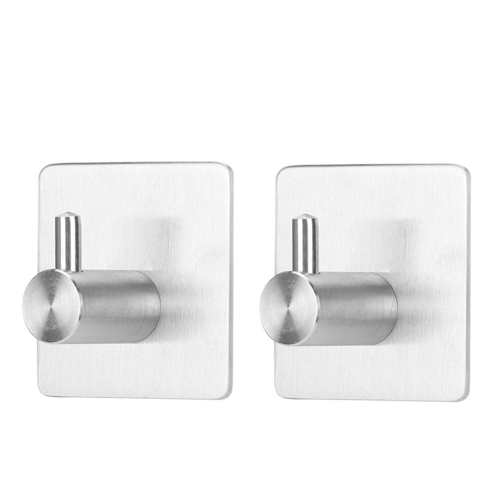 2 PCS Punch Free Adhesive Hook Silver Towel Hook Practical Coat Hook Space Saving