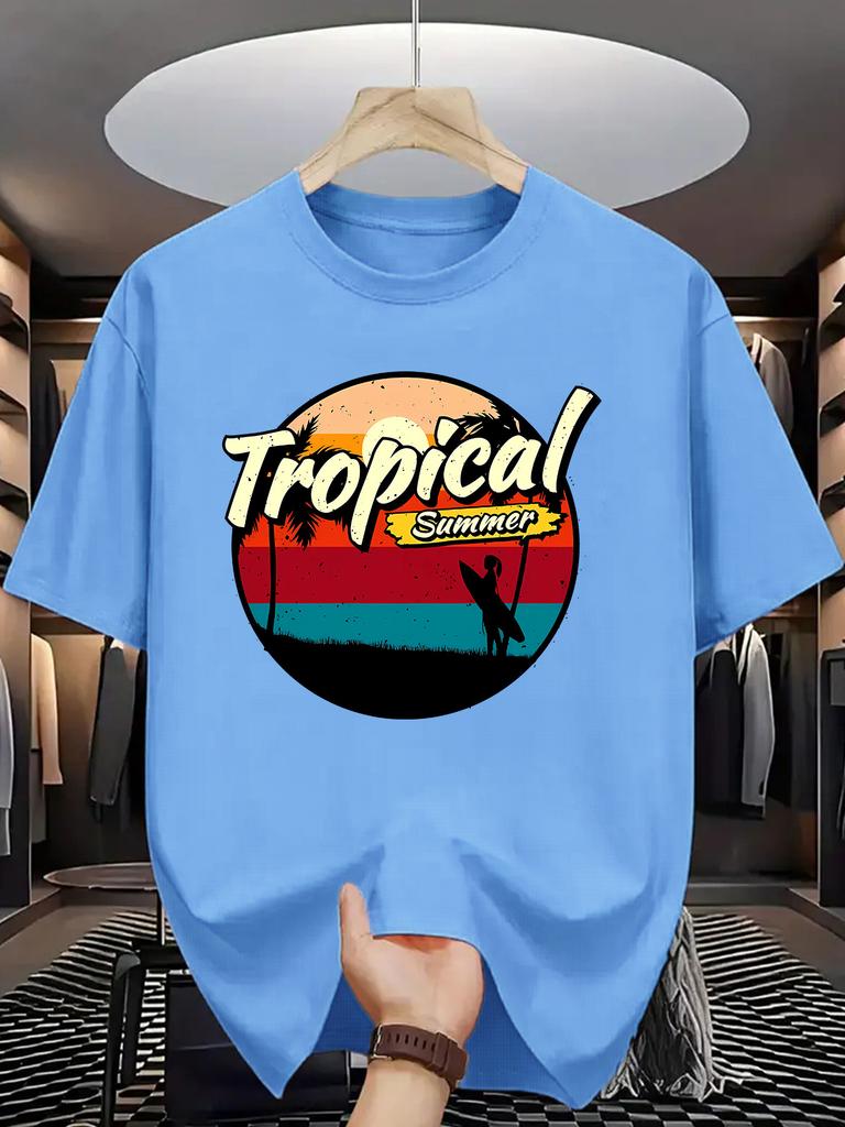 Tropical Summer Unisexs Crew Neck T Shirt Retro Sunset Surfer Palm Tree Vintage Circle Graphic Short Sleeve Casual Street Tops