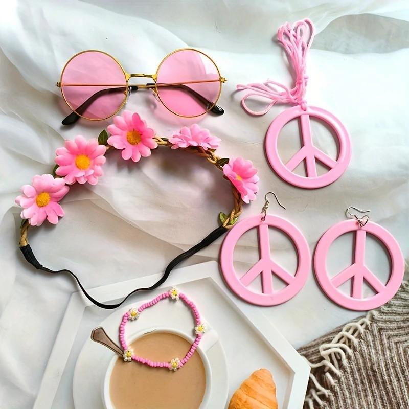 Hippie Peace Sign Costume Set Halloween Party Colorful Earrings Necklace Adult Cosplay Accessories