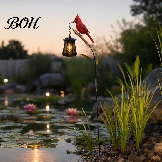 Solar Powered Outdoor Decor Kingfisher Garden Stake Light, Metal Bird Yard Art with Hanging Lantern, Auto-On Retro Hollow Lanterns LED Waterproof