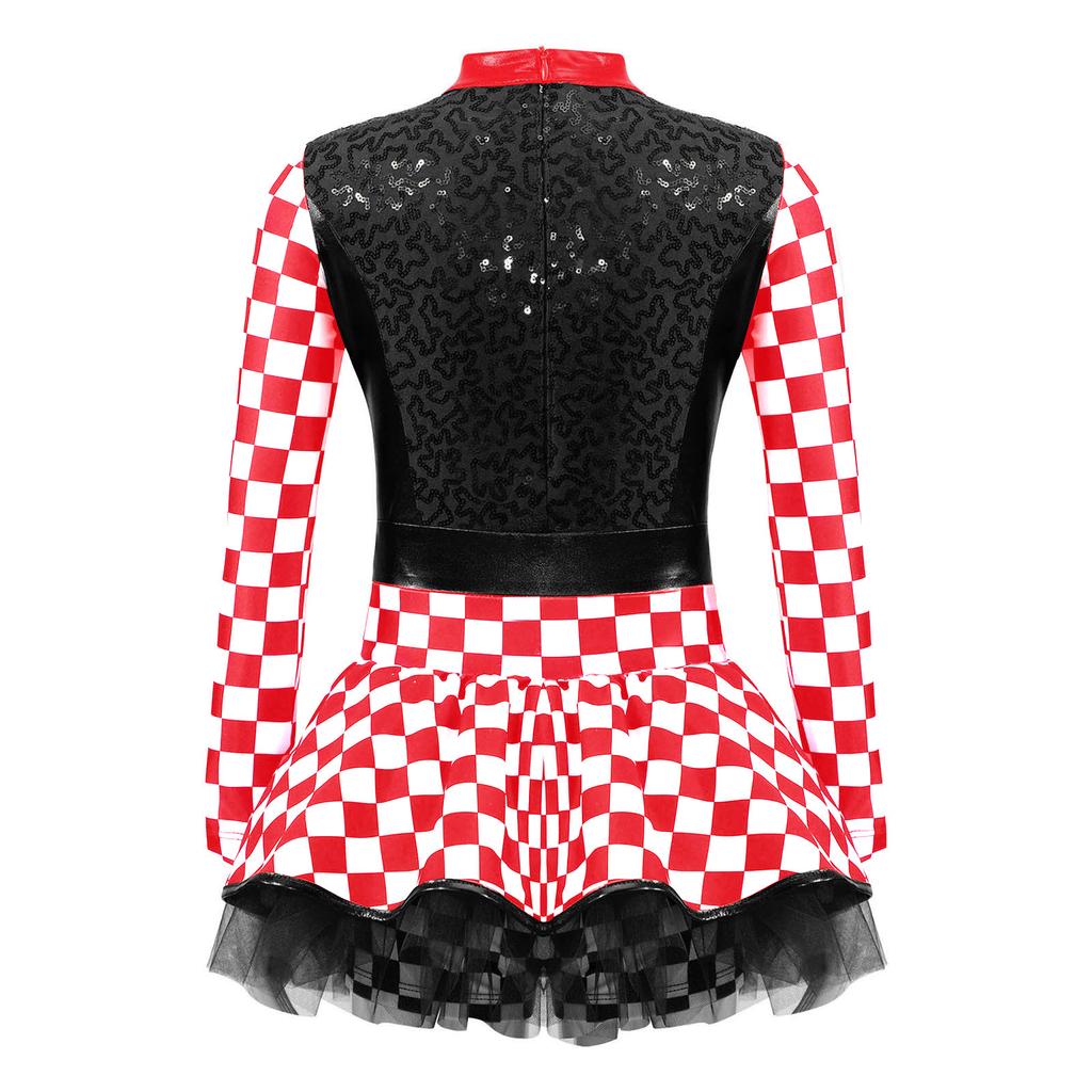 Комбинезон гонщицы для девочек, клетчатый принт, длинный рукав, воротник-стойка, пайеточная пэчворк, Хэллоуин косплей