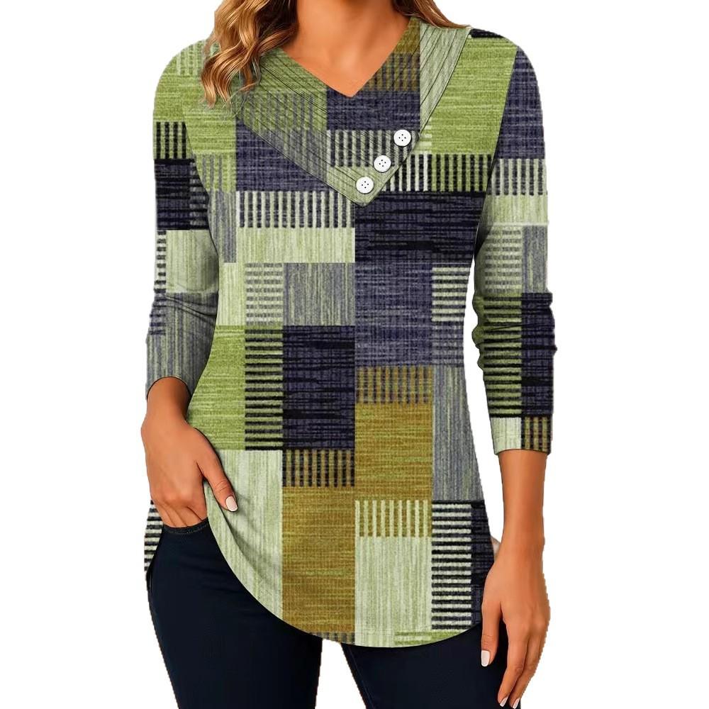 New Women's Casual V-neck Long-sleeved Pullover Regular Digital Print Women's T-shirt
