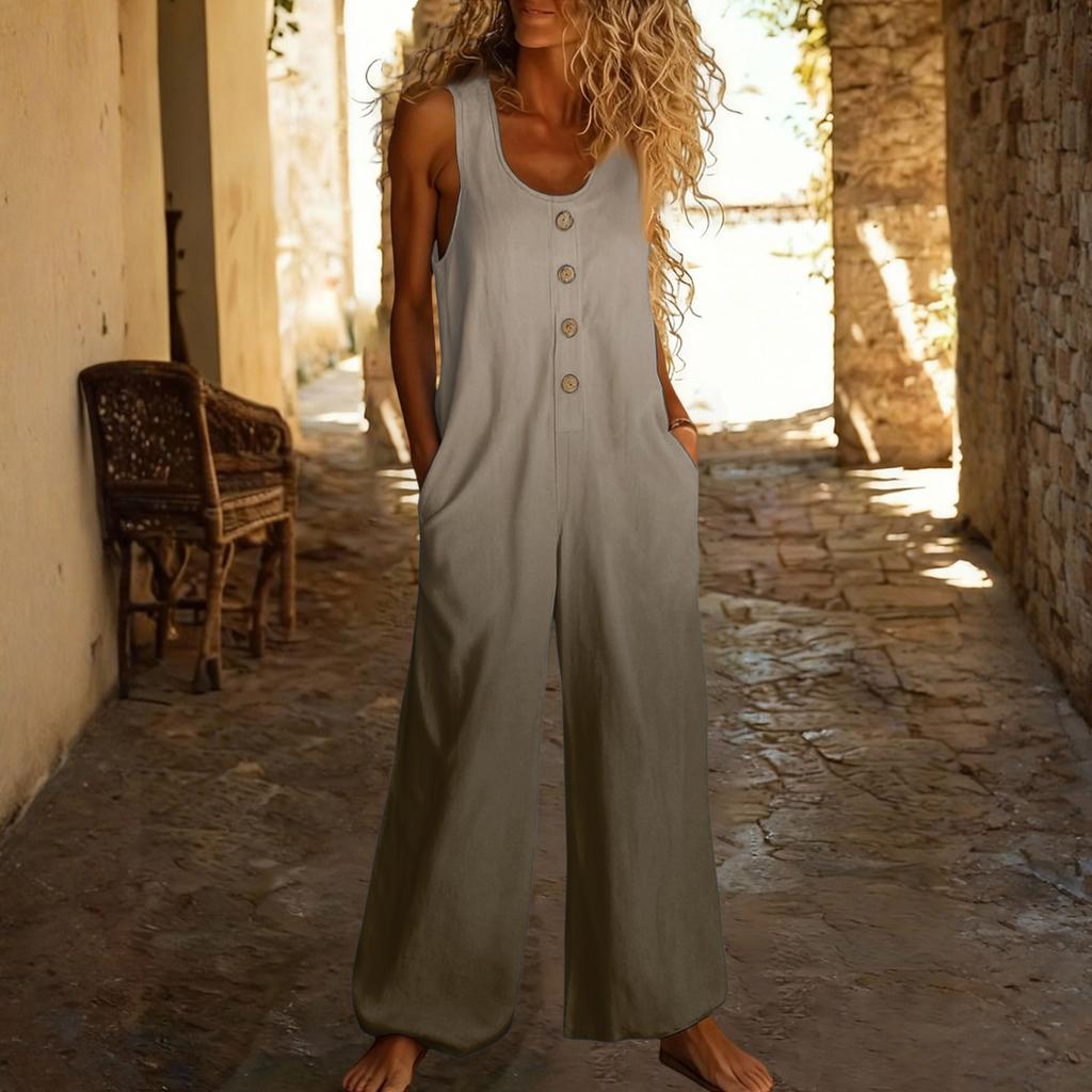 Повседневный свободный комбинезон без рукавов с карманами и регулируемыми бретелями для женщин (Большая длина).