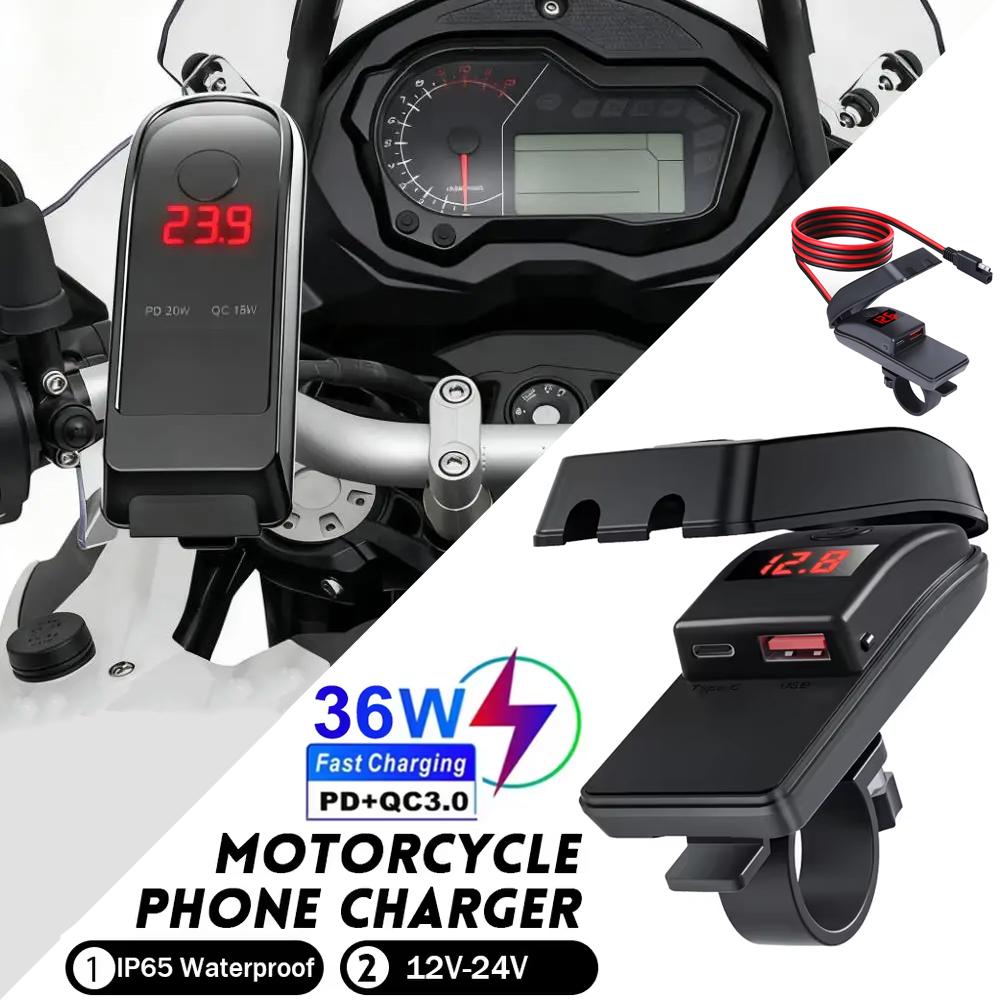 Быстрая зарядка PD QC3.0 для мотоцикла 36 В USB-розетка Type-C на руль с переключателем Вольтметр Водонепроницаемый Адаптер питания 12 В-24 В для квадроцикла Трицикла