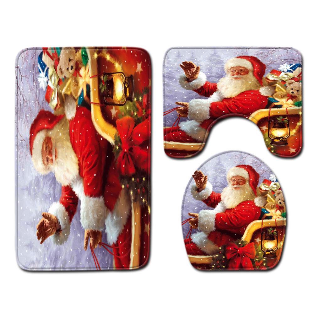 Christmas Shower Curtain Floor Mat Combination Four-Piece Set Bathroom Toilet Carpet Shower Room Mat Foot Mat