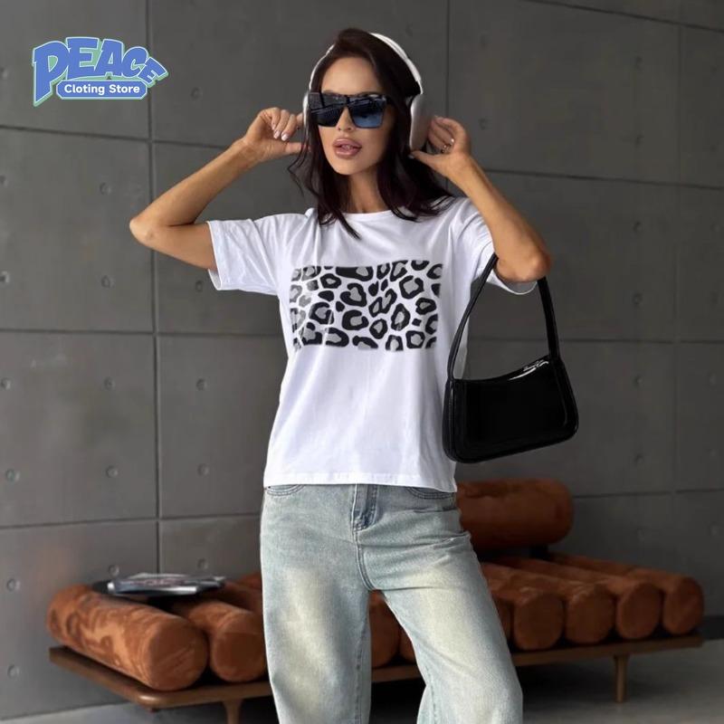 Retro Leopard Printed T-shirt 100% Cotton T-shirt Women's Clothing Summer Fashion Simple Lovely Casual Comfy Short Sleeve Top