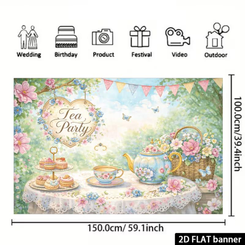 2D Vintage Tea Party Banner, Watercolor Garden Floral Tea Cup Photo Booth Background