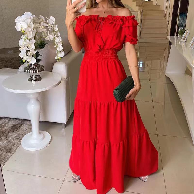 Women's Summer Long Dress New Fashion Solid Color Ruffled Strapless Puff Sleeve Vacation Dress Women Elegant Off Shoulder Sexy A Line Female Dresses