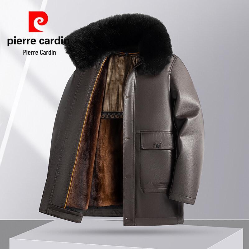 Мужская кожаная куртка Pierre Cardin 2025 с воротником-стойкой - Повседневная, Универсальная, Теплая, С подкладкой из бархата для мужчин среднего возраста