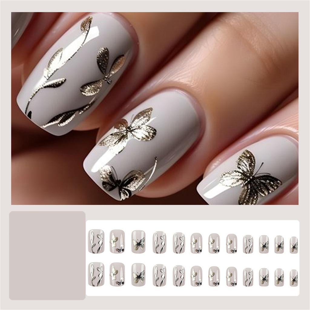 24PCS White Square Fake Nails with Flower Print Resin Material Zero Pressure on Nail Bed for Hot Girl Dress Matching