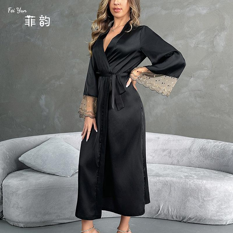 Сексуальный длинный кардиган ночная рубашка пижама женская кружевная сращивание соблазн атласное платье