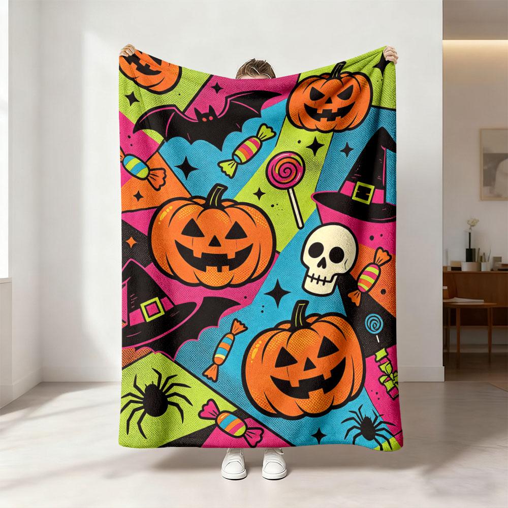 1pc Halloween Pumpkin Skull Bat Spider Print 230g Flannel Blanket, Soft Comfortable Throw Blanket For Sofa Lounge And Daily N