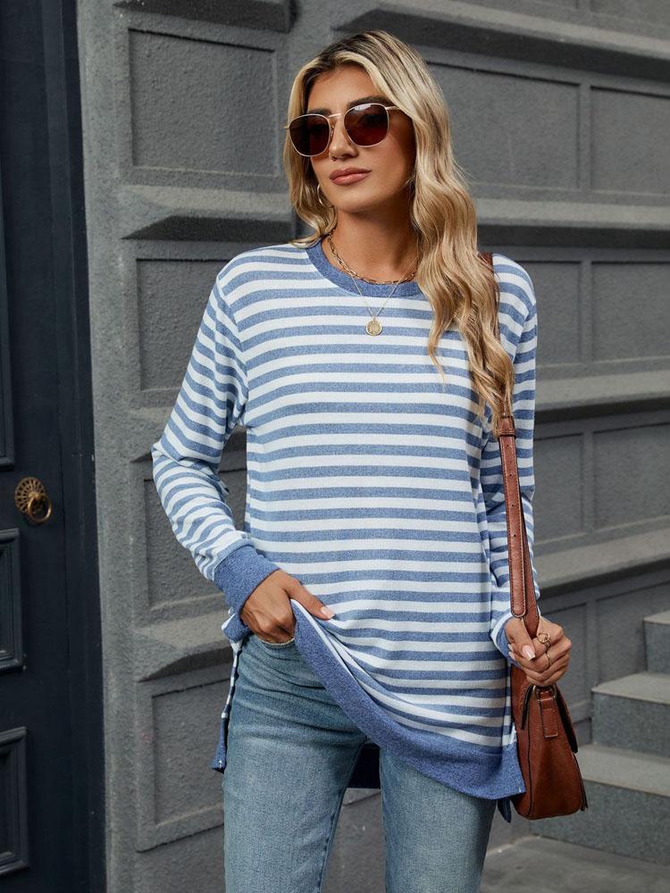Элегантная и модная осенне-зимняя удобная однотонная полосатая футболка с круглым вырезом и длинными рукавами, повседневная футболка, свитер, толстовка с капюшоном