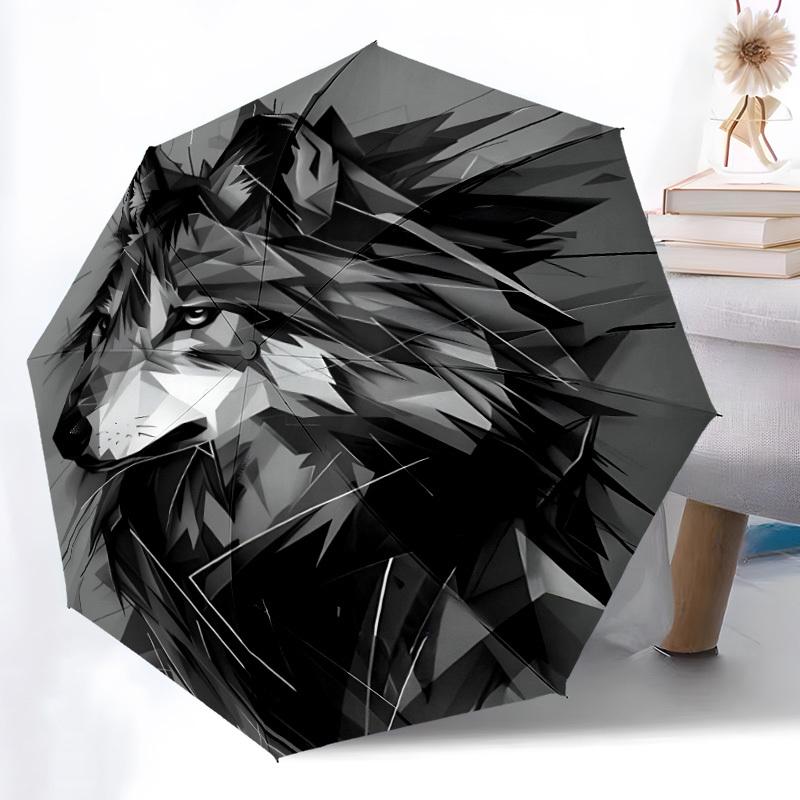 1pc Wolf Face Automatic Folding Umbrella, 8-Rib Durable Iron Frame, Compact Travel Umbrella for Women & Men 068