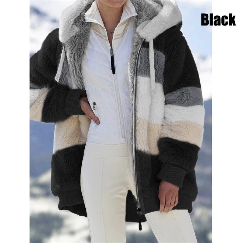 Women's Fashion Hooded Warm Loose Jacket for Women Patchwork Outerwear Zipper Ladies Plus Size Sweaters