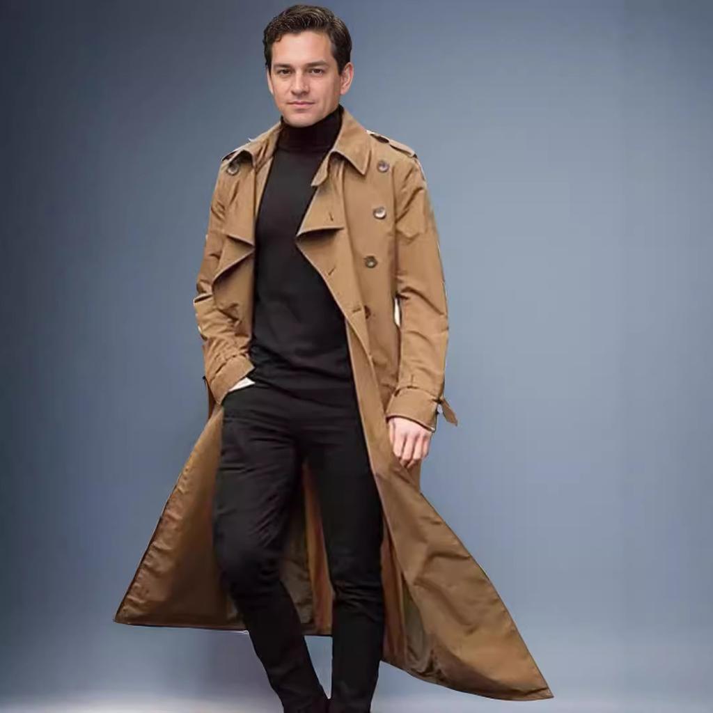 Men's Long Black Trench Coat, Slim Fit Double-Breasted Overcoat with Belt, Casual Business Outerwear