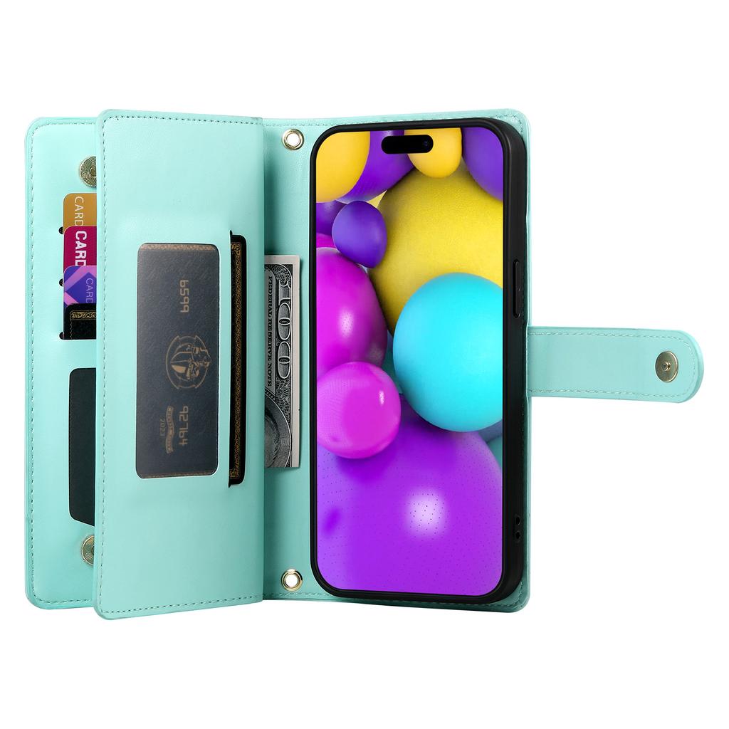 DF-011 For iPhone 16 Case Anti-Drop Leather Wallet Phone Cover with Long / Short Straps