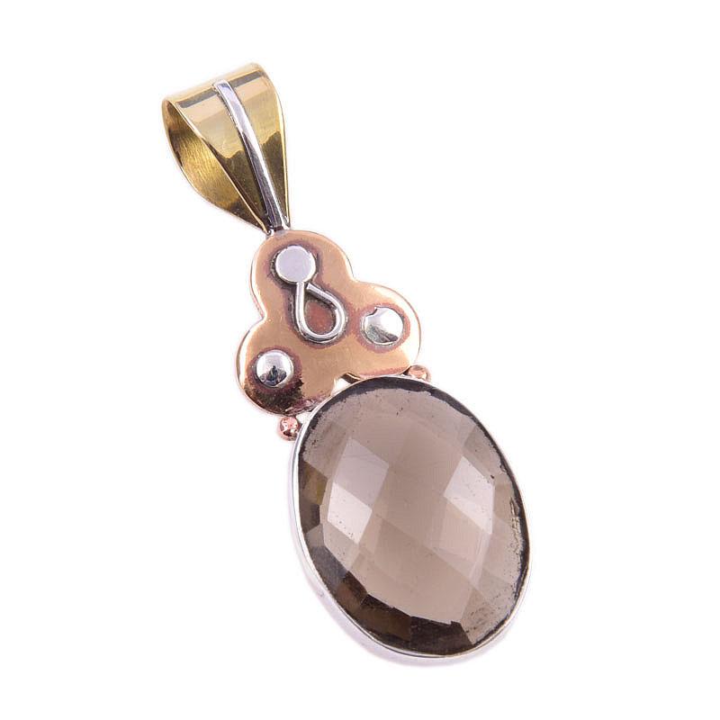Natural Smoky Quartz 925 Solid Sterling Silver TwoTone Gift Pendant 1.75" N5u15