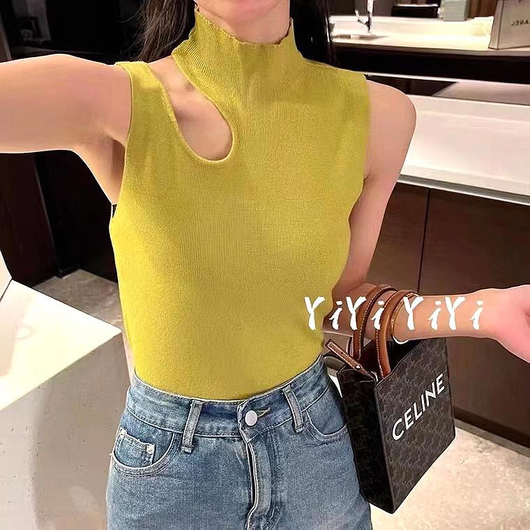 New Summer Half-turtleneck Sweater Hong Kong Style Hot Girl Sexy Off-shoulder Slim Sleeveless Halter Neck Vest Knitted Sweater
