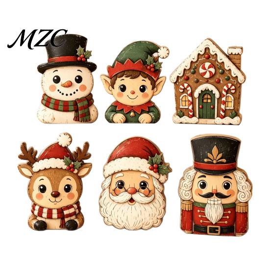 Vintage Style Holiday Ornaments 6Pcs Wooden Christmas Figurines, Desktop Ornaments, Retro Cartoon Farmhouse Signs Tabletop Decorations for Tiered Tray