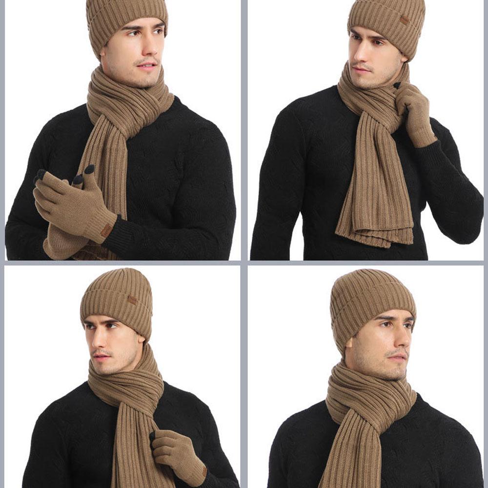 Men's and Women's Autumn and Winter European and American Knitted Hat Sets Solid Color Scarf Hat Three-piece Set