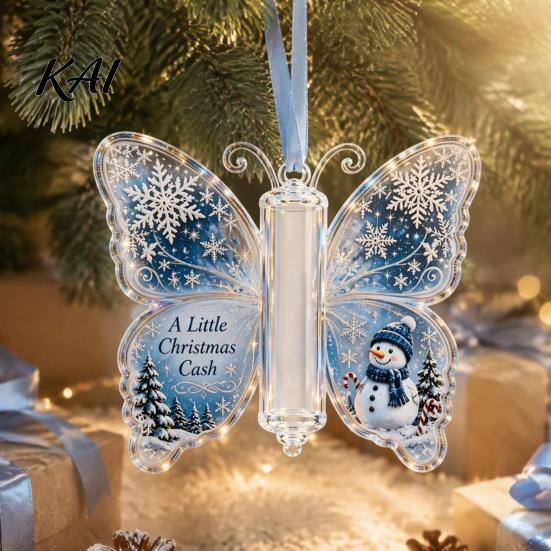 Transparent Acrylic Christmas Pendant Money Holder Ornament, Cash Hanging Decor with Vintage Reusable Ornament Butterfly Print, Holiday Party