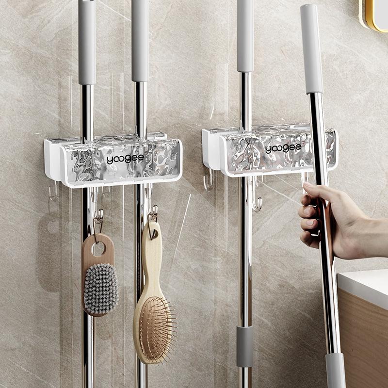 Water Ripple No-Drill Luxury Double-Head Mop Holder, Wall Mount Bathroom Broom Holder Adhesive Storage Rack