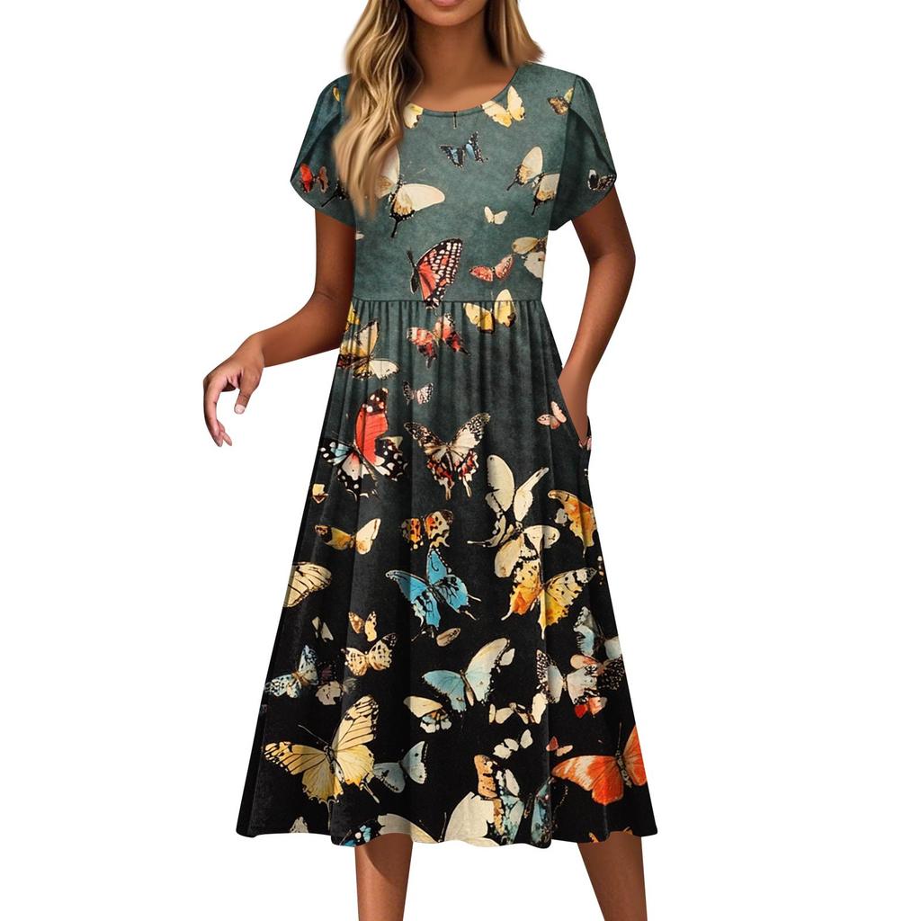Women's Fashion Casual Loose Printed Round Neck Pocket Short Sleeve Dresses