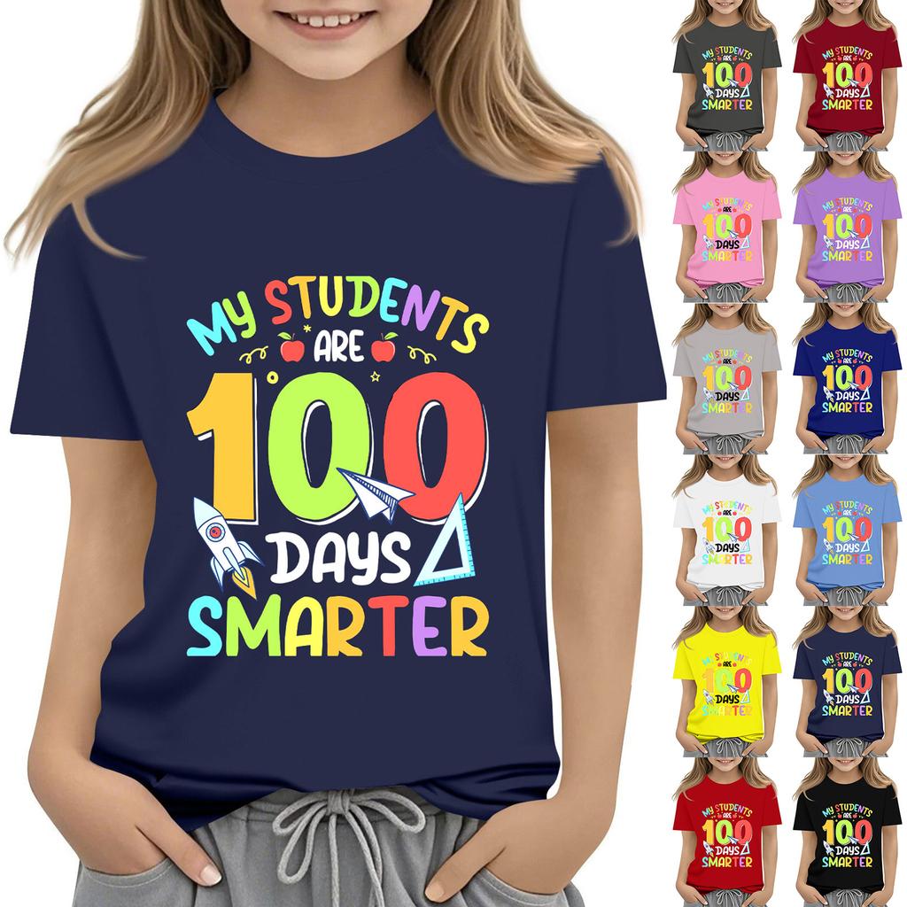 Kids Fashion Casual Short Sleeve 100 Day School Anniversary Printed Round Neck T-Shirt Top