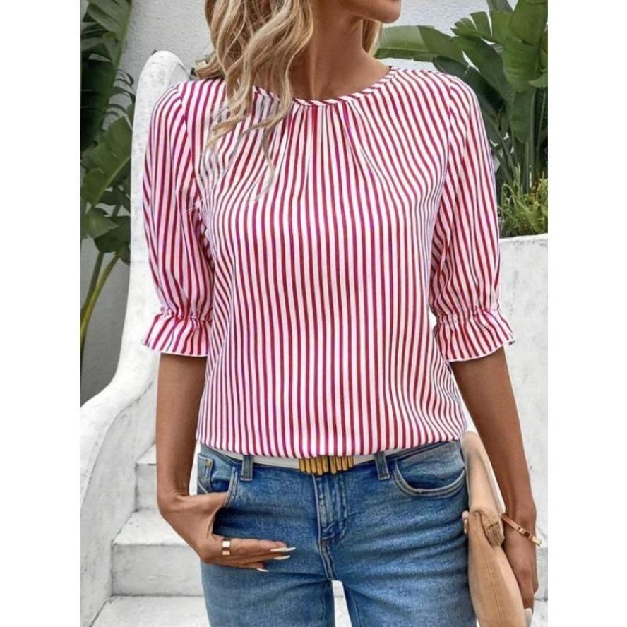 YYFS Женская мода повседневная летняя весна полосатый принт 1/2 рукава О-образный вырез блузки и рубашки