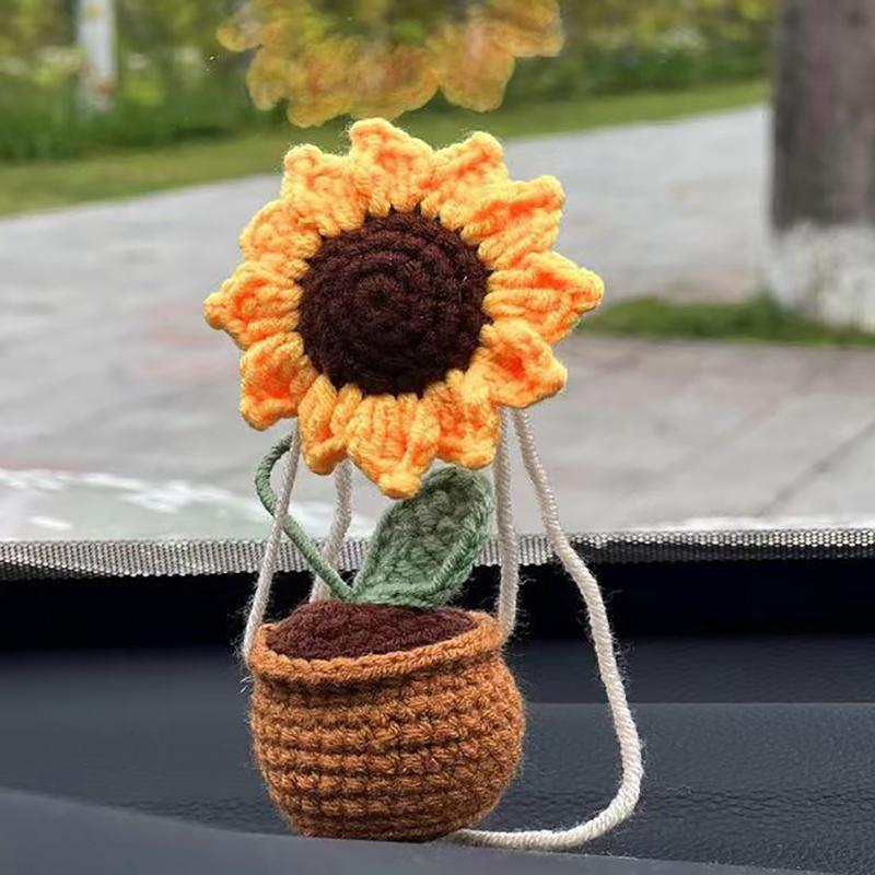 Милые подвесные аксессуары для автомобильного зеркала, ручная вязка, тканые, готовые, вязаные крючком, горшечные растения, декор заднего вида, украшения для салона автомобиля