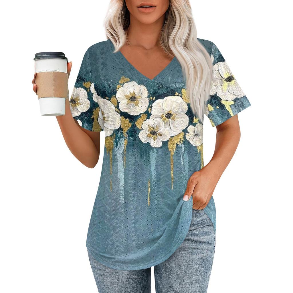 Womens T Shirts V Neck Short Sleeve Casual Tops Loose Fit Basic Tees With Curved Hem