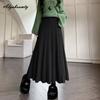 Elegant Fashion Autumn Winter Women Midi Skirt Elastic Waist Beige Grey Black Knitted Skirt Knitting Pleated Warm Skirts Womens