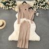 Autumn Winter Women Elegant Gold Button Knitted Sweater 3 Piece Set Single Breasted Jacket Coat Vest Long Midi Sheath Skirt Outfits