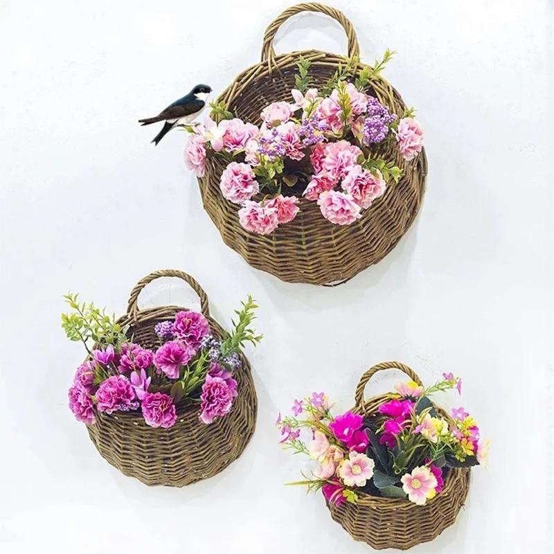 Rattan Vase Basket Hand Made Wicker Nest Flower Pot Eco-Friendly Wall Hanging Vase Container Storage Basket Home Decoration