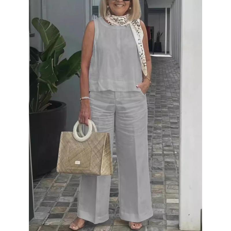 Women's Summer Fashion Simple Sleeveless Top Loose Wide Leg Pants Cotton Linen Set Suits & Sets Women’s