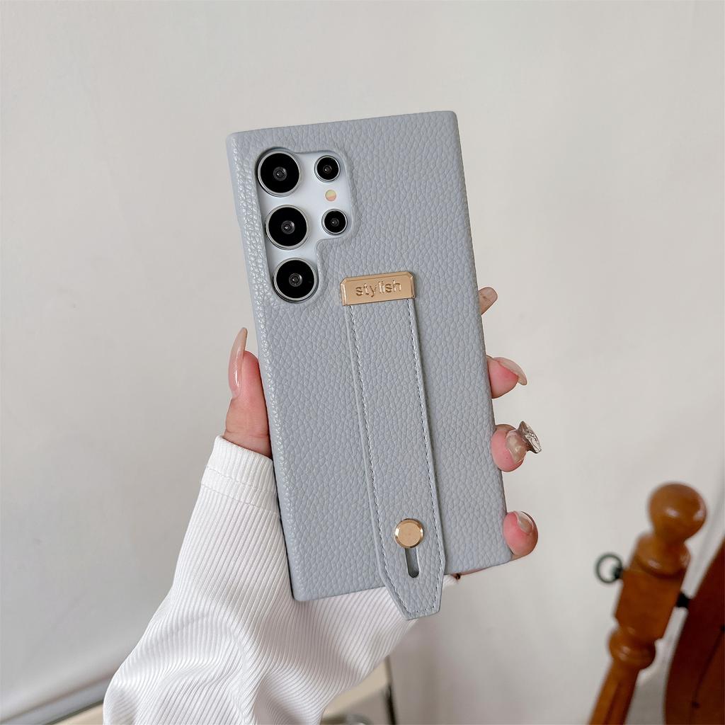 Stylish Wrist Strap Bracket Phone Case for Samsung Galaxy S25 Ultra S24 S23 S22 Plus FE Solid Color High-end PU Leather Cover