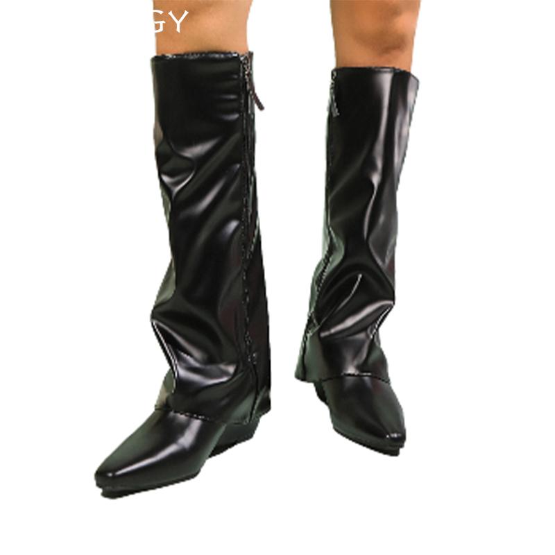 Женские кожаные туфли на танкетке на среднем каблуке с острым носком на высоком каблуке до колена, женские зимние дизайнерские туфли-лодочки 2025 года, ботинки челси Mujer