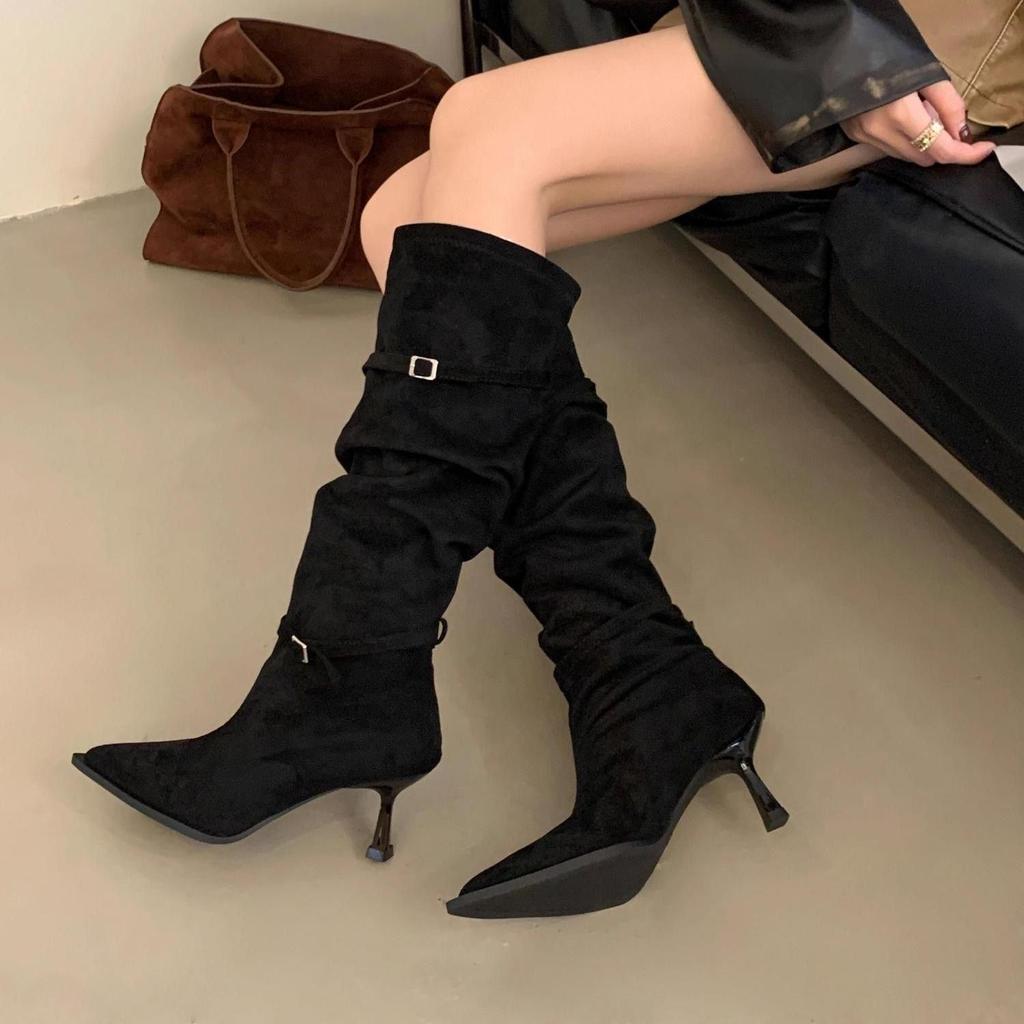 French Fashion Belt Buckle High-heeled Boots 2025 Autumn and Winter New Pleated Piled Boots Pointed Suede Boots Women