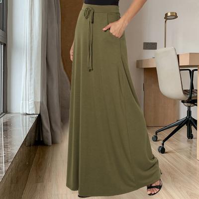 Женская макси-юбка с регулируемой завязкой, высокой талией, однотонная длинная юбка с карманами, повседневная рабочая юбка