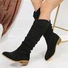 Women Fur Suede Boots Pleated Wedge Long Boots Ladies Round Toe Slip On Mid-calf Boots Low Heel Botas Mujer Size 43
