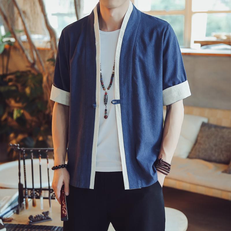 Мужская куртка в китайском стиле с рукавами-пятиконками, костюм Тан, свободный кардиган с пряжками в японском стиле, мужской халат и кимоно