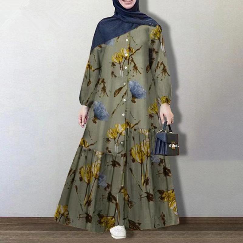 Retro Floral Print Long Sleeve Loose Dress - European & American Style 2024