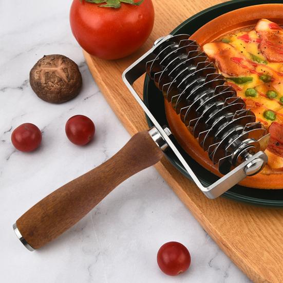 Stainless Steel Pizza Dough Lattice Roller Cutter with Wooden Handle Grid Pattern Maker for Biscuits Cookies Pies Cakes