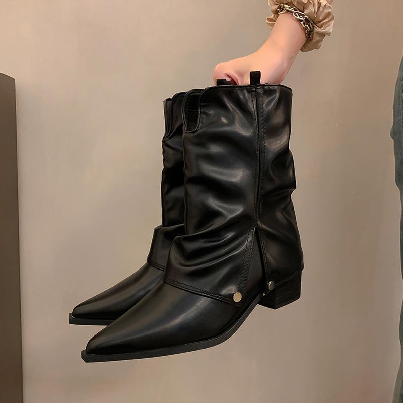 Сексуальные туфли на среднем каблуке с острым носком, женские ботильоны, тренд 2025 года, массивные модные туфли-лодочки для офиса, новые туфли для вечеринок в стиле панк-женщины