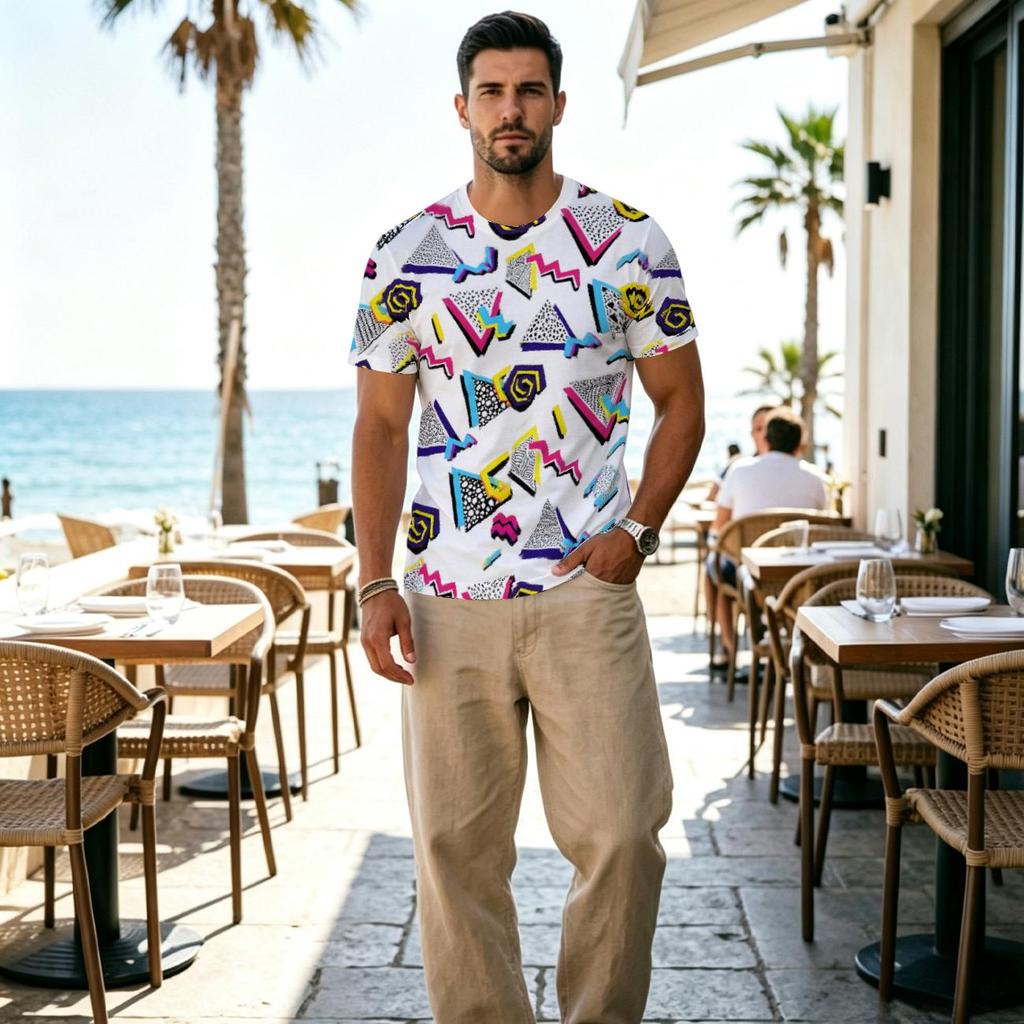 Men's 2D Print Geometry Series T-Shirt, Polyester Loose Fit Casual Stylish Versatile for Daily Outdoor Halloween
