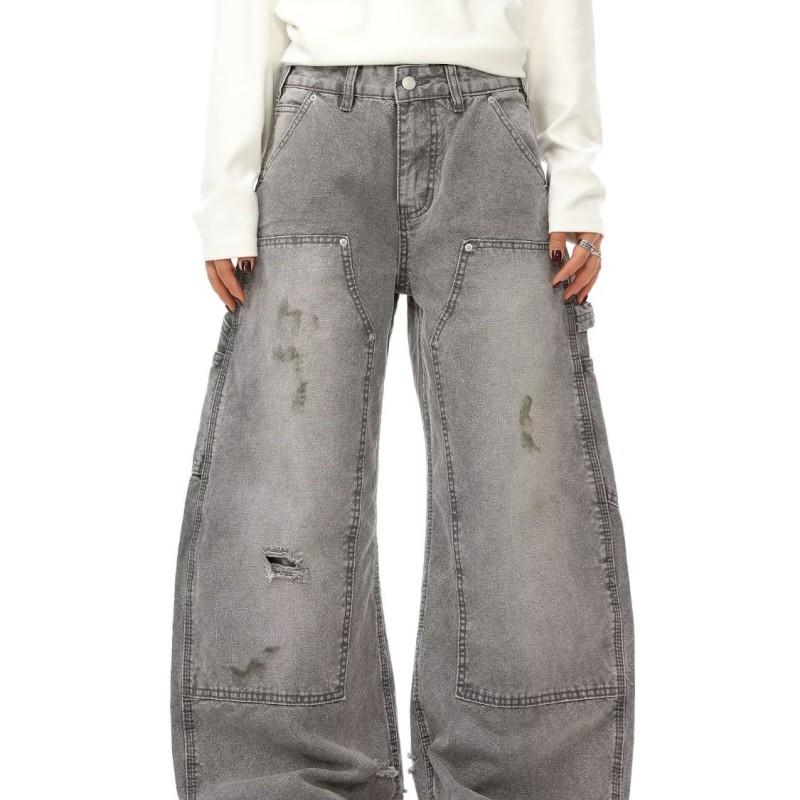 Mens Vintage Washed Grey Splatter Paint Wide Leg Denim Pants Loose Fit Straight Cut Low Rise