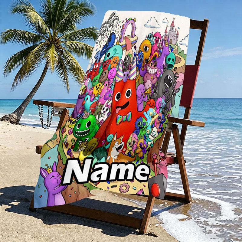 Custom Name Personalized Game Rainbow Friends Print Beach Towel, for Trip Camping Beach Party Home Decor, Birthday Gift for Family & Friends